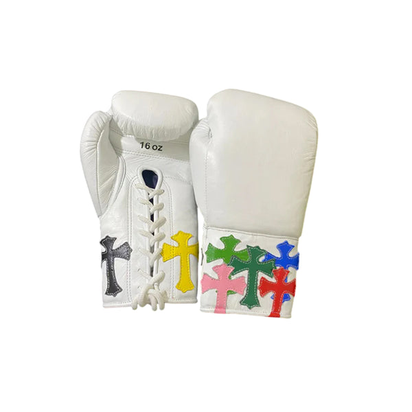 Custom Handmade Chrome Heart Boxing Gloves White | Premium Quality | Cowhide Leather | Personalise your Logo or Name