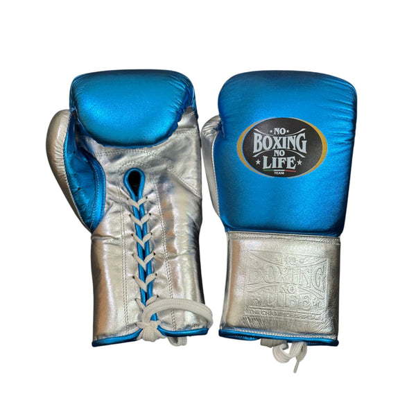 NO BOXING NO LIFE TRAINING GLOVES - METALLIC BLUE & SILVER | 100% Pure Leather | Best Choice for Fighters