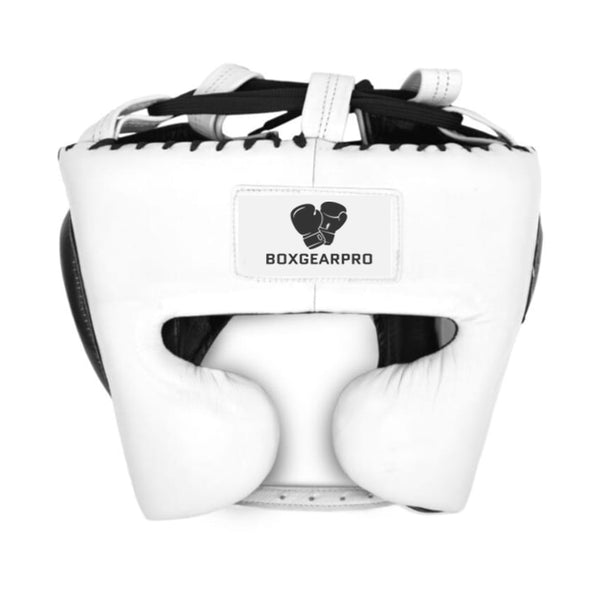 White Mexican-style sparring headgear with lace-top closure and cheek protection