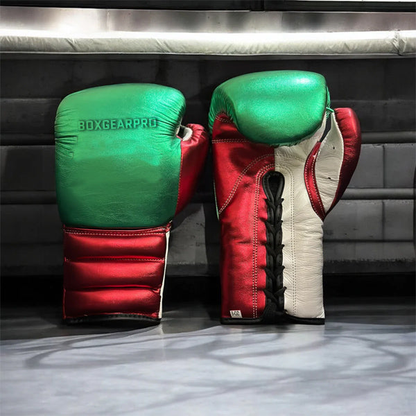 Metallic Green, Red & White Elite Boxing Gloves | 100% Pure Leather | UK Best Boxing Shop
