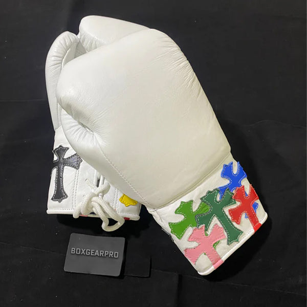Custom Handmade Chrome Heart Boxing Gloves White | Premium Quality | Cowhide Leather | Personalise your Logo or Name